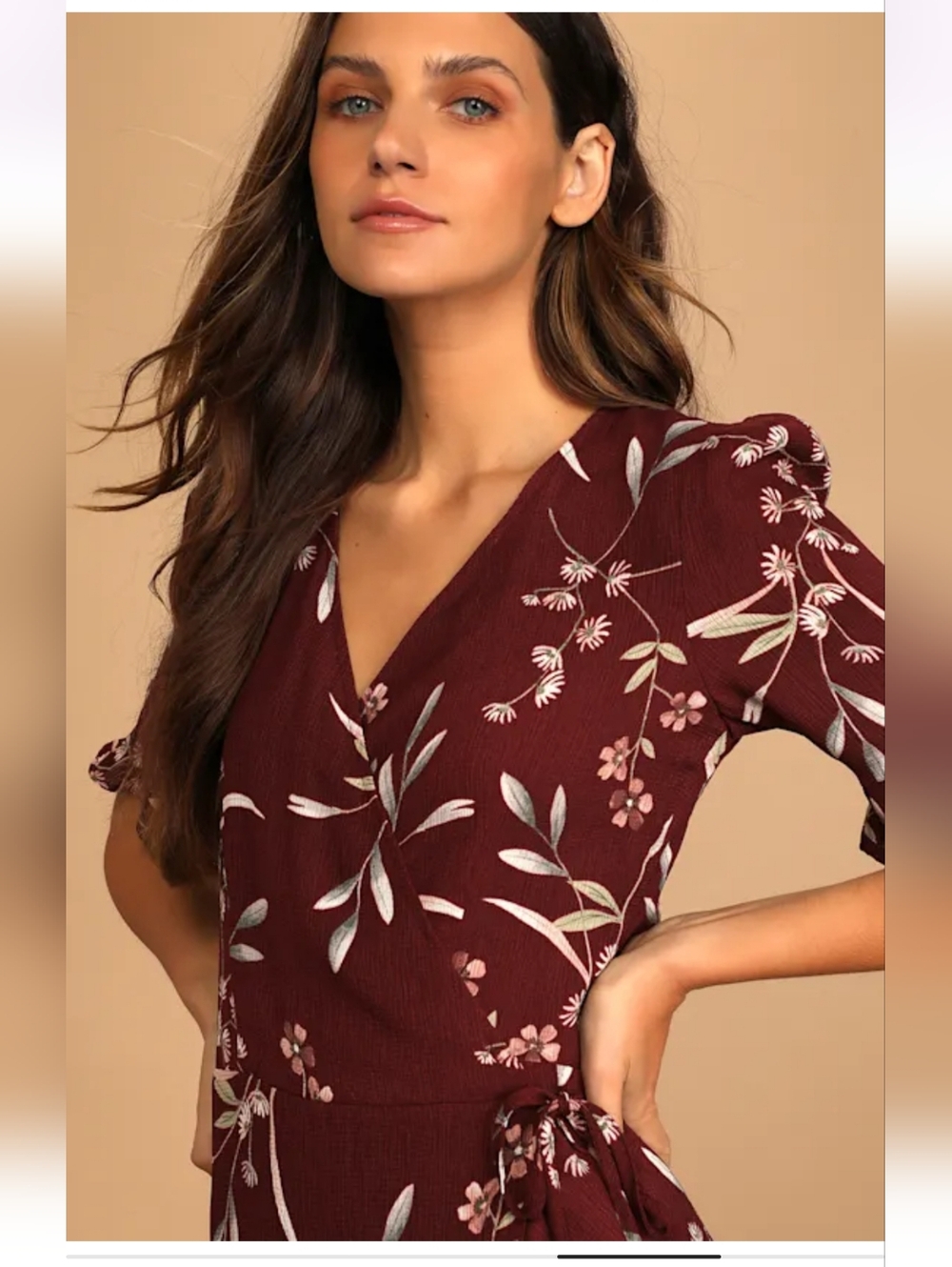 Lulu's Wild Winds Burgundy Floral Print High-Low Wrap  Dress - Picture 4 of 11